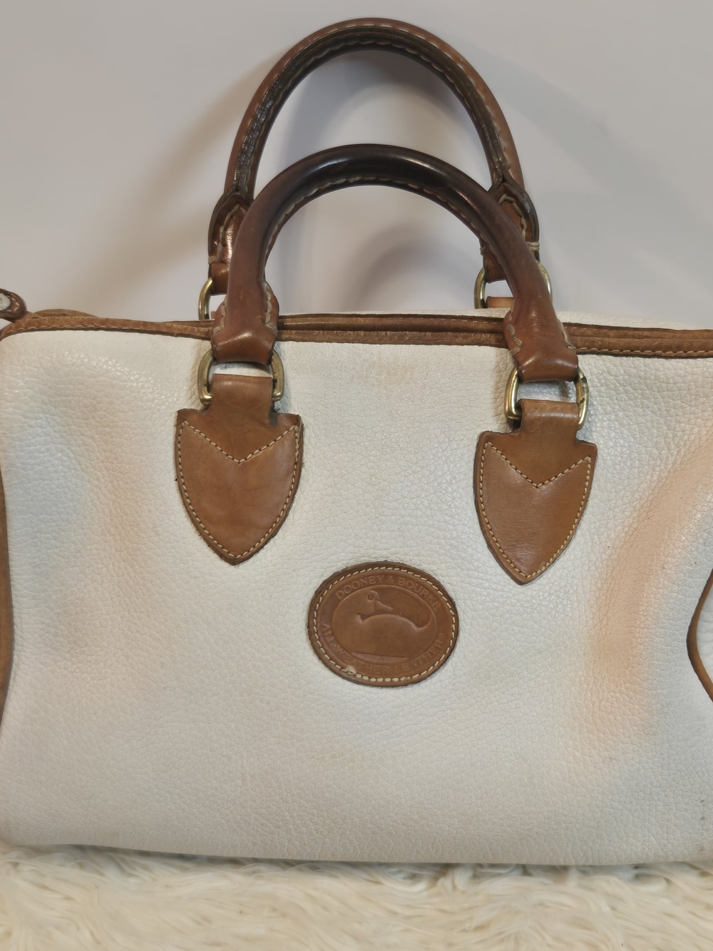 Dooney & Bourke Cream Leather Satchel with Brown Trim